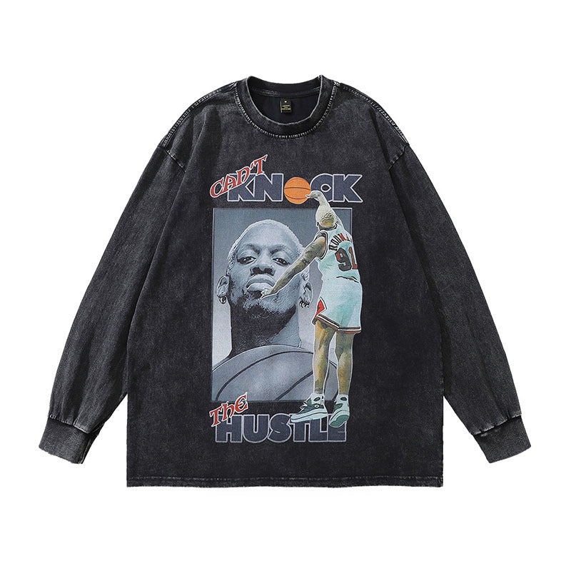 Men Long Sleeve Shirt Portrait Printing Washed Long Sleeve T-shirt for Men and Women