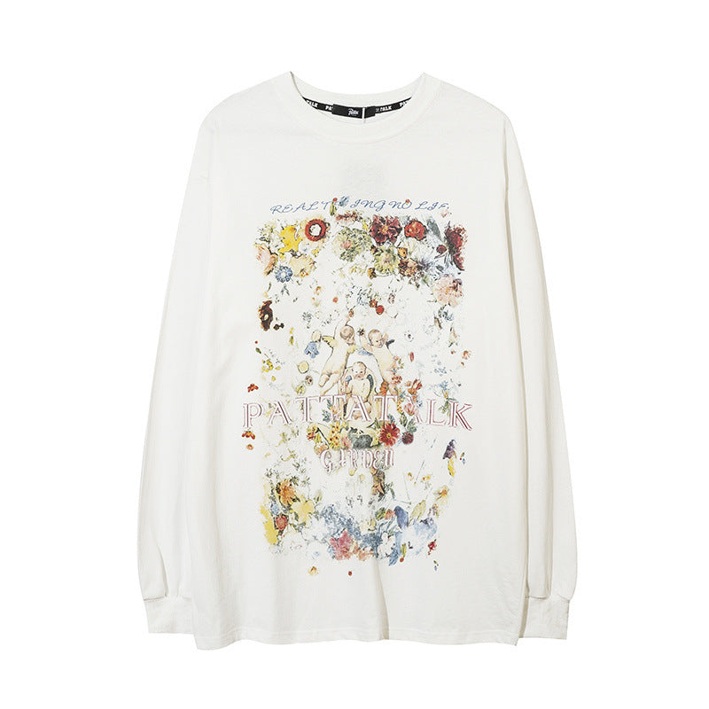 Men Long Sleeve Shirt T-shirt Long Sleeve Floral Print Loose Hiphop Bottoming Shirt for Men and Women