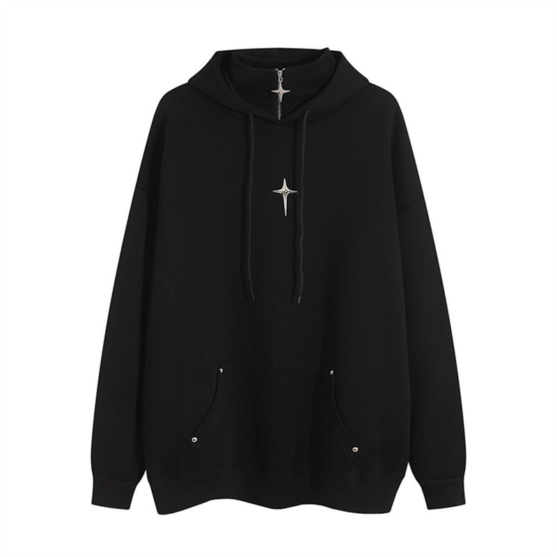 Men Hoodie Four-Corner Star Decorative Stand Collar Hooded Sweater Hip Hop Loose Autumn