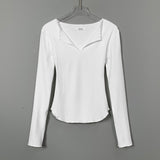 Women Long Sleeve Shirt V-neck Slim Slimming Curved Waist-Controlled Top Long Sleeve