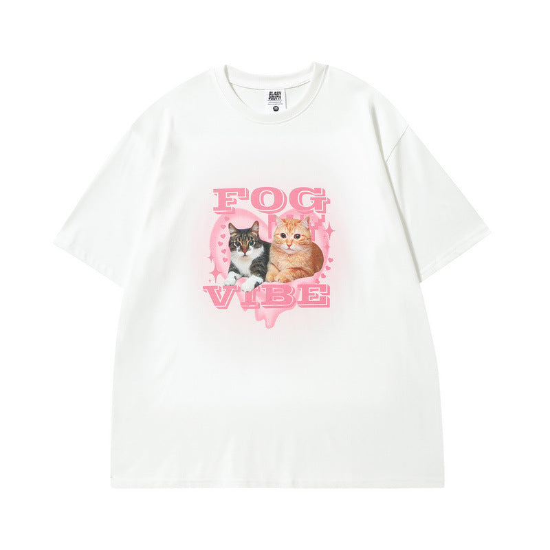 Men T Shirt Vintage Kitten Print Short Sleeve T-shirt Men and Women College Style Hip Hop
