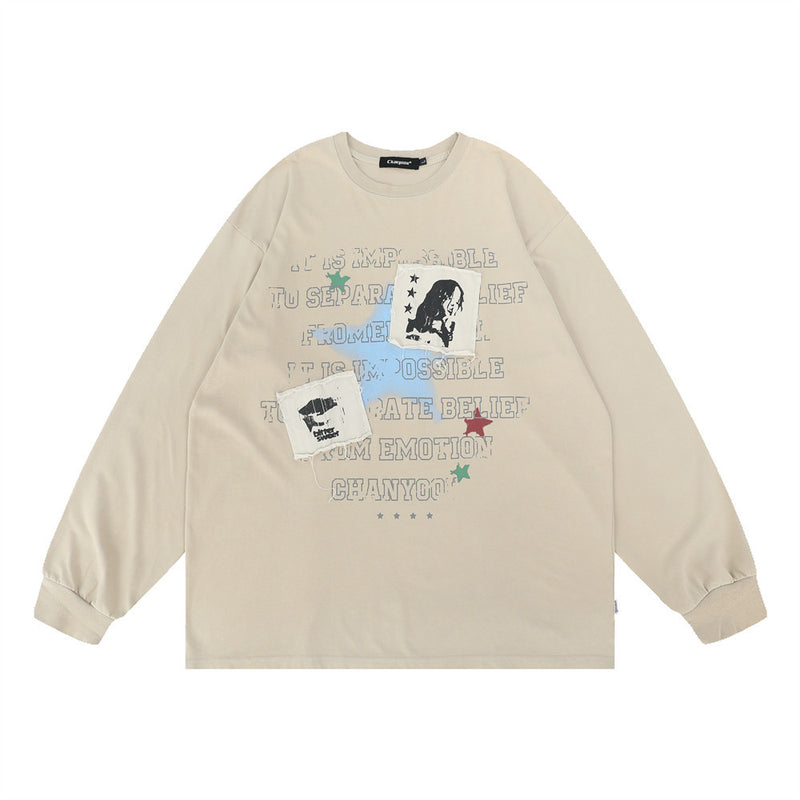 Men Hoodie Letter Print Patch Decoration round Neck Sweater