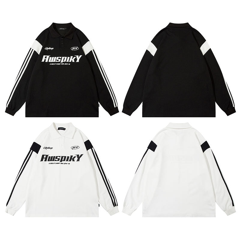Men Long Sleeve Shirt Preppy Style Polo Lapel Long Sleeve T-shirt Men and Women Hiphop Retro