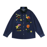 Men Long Sleeve T Shirt Vintage Cartoon Embroidered Denim Long Sleeve Shirt Men's Loose Lapels Shirt
