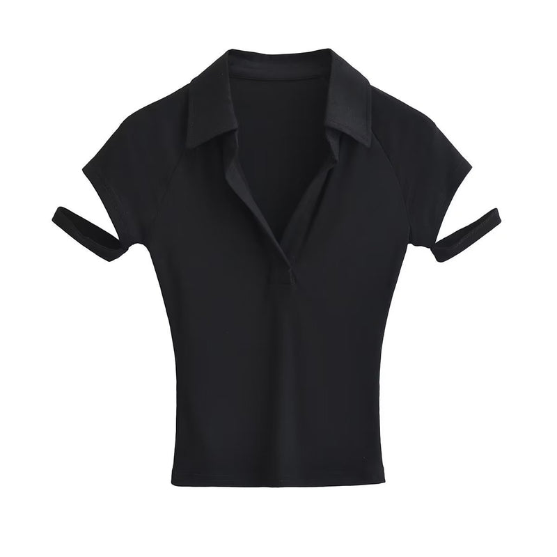 Women T-Shirt Slim Polo Collar Short Sleeve T-shirt Female Summer Patchwork Top