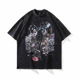 Men T Shirt Retro Washed Distressed Anime Print Short Sleeve T-shirt Loose