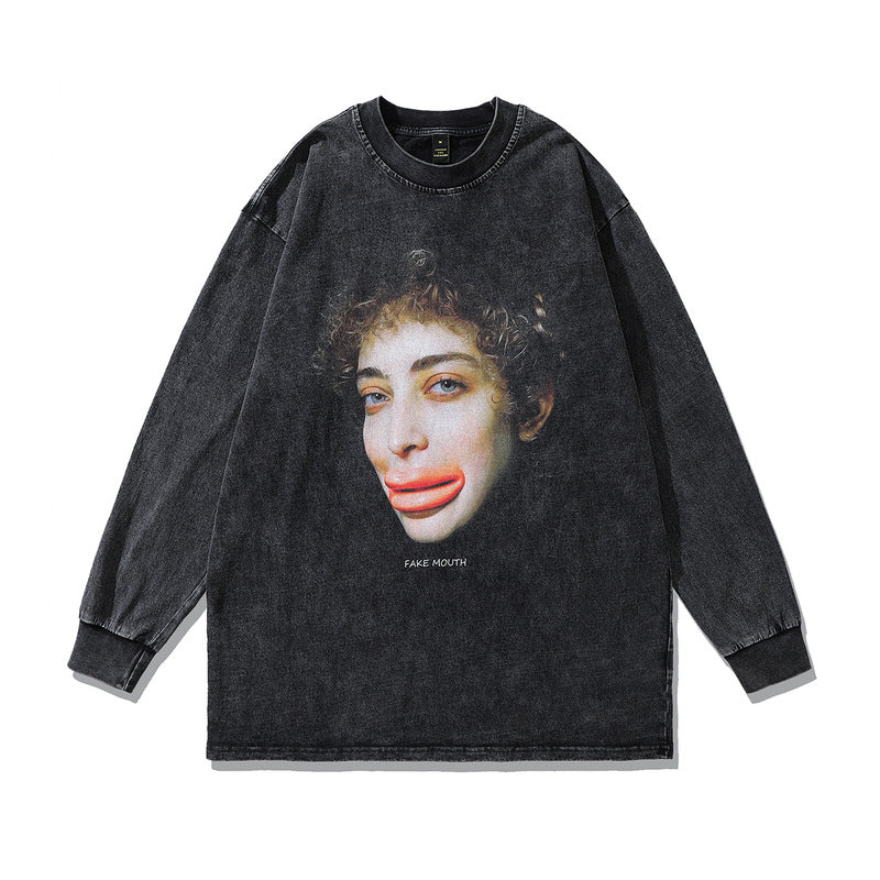 Men Long Sleeve Shirt Retro Washed Distressed round Neck Hip Hop Long Sleeve T-shirt for Men and Women