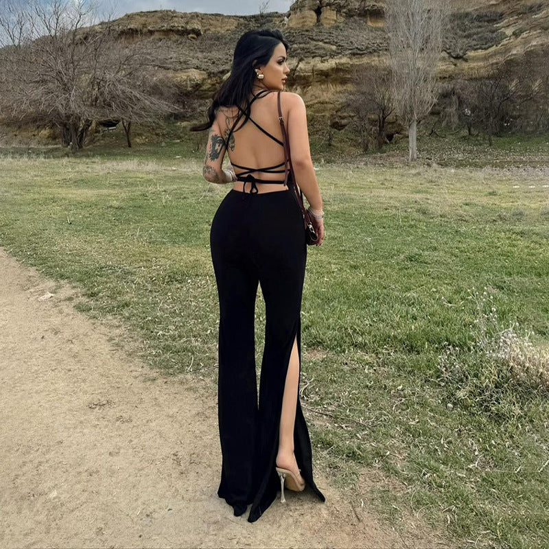 Women Jumpsuit Casual Pants Flared Jumpsuit Slit Slim-Fitting Sexy