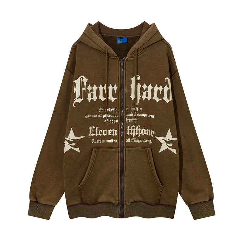 Men Fleece Lined Hoodie Washed Men's Loose Casual Letter Printed Hoodie Winter