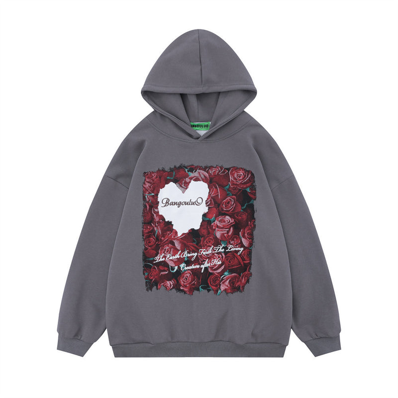 Men Hoodie Hooded Sweater Men's Printed Heart-Shaped Rose Loose Hoodie