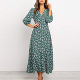Jungle Print Maxi Dress Vintage Long Sleeve Button High Waist Dress