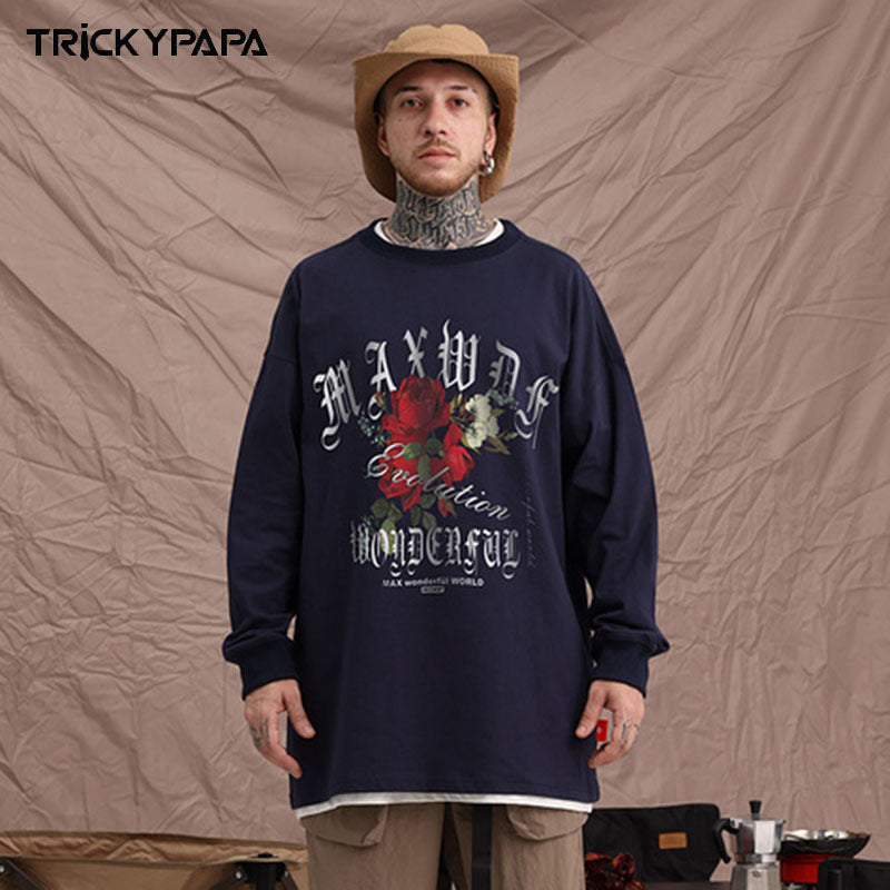 Men Long Sleeve Shirt T-shirt Men's and Women's Autumn and Winter Rose Letter Print Loose Design