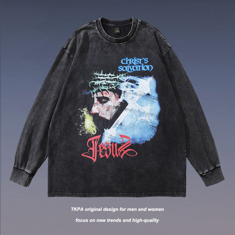 Men Long Sleeve Shirt Design Print Distressed Bottoming Long Sleeve T-shirt Men and Women Ins