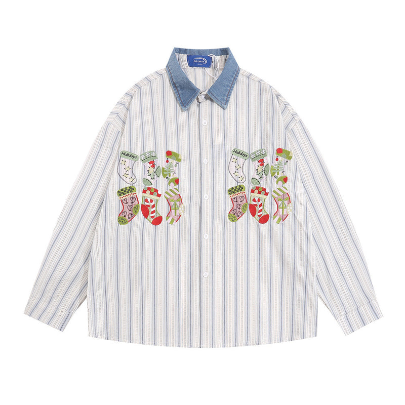 Men Long Sleeved T Shirt Cartoon Embroidered Long Sleeve Shirt Men's Loose Casual Polo Collar Shirt