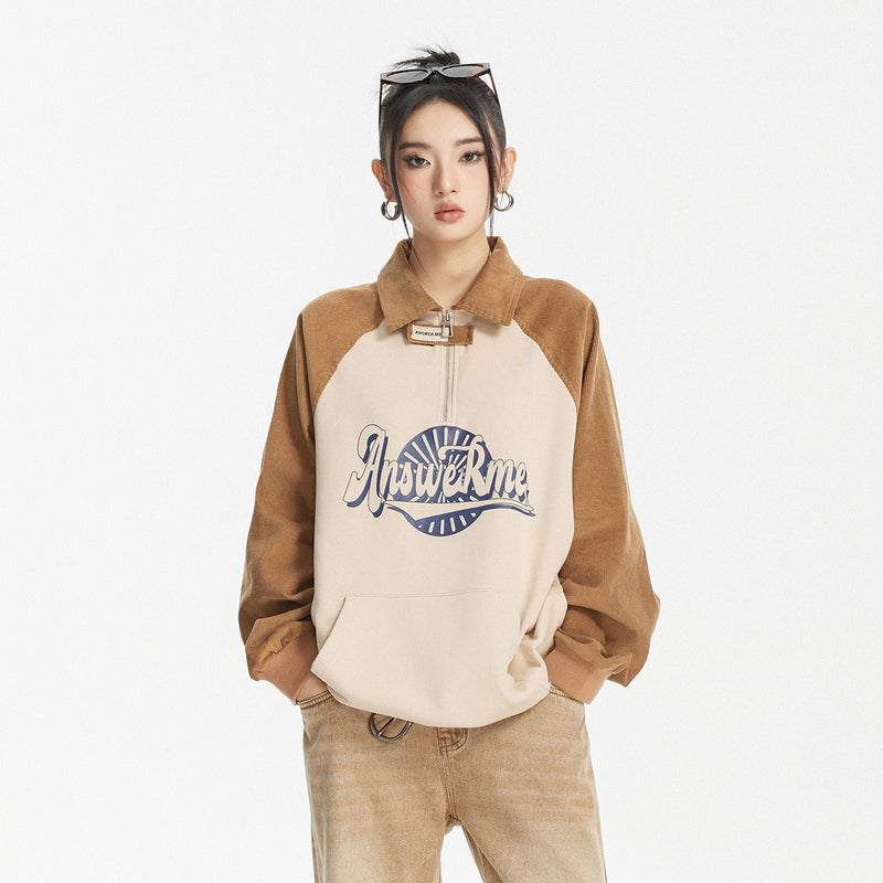 Unisex Hoodie Vintage Printed Corduroy Patchwork Sweater Baggy Coat