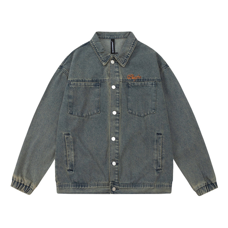 Men Denim Jacket Embroidery Worn Looking Washed-out Denim Jacket Men's Loose Spring and Autumn Jacket