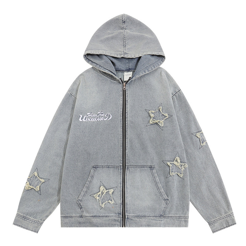 Men Denim Jacket Washed Long-Sleeved Denim Jacket Men's Spring and Autumn Embroidered Hooded Jacket Loose