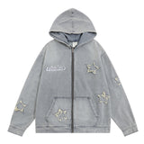 Men Denim Jacket Washed Long-Sleeved Denim Jacket Men's Spring and Autumn Embroidered Hooded Jacket Loose