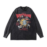 Men Long Sleeve Shirt Cartoon Printed Long-Sleeved T-shirt Men and Women Distressed Tops