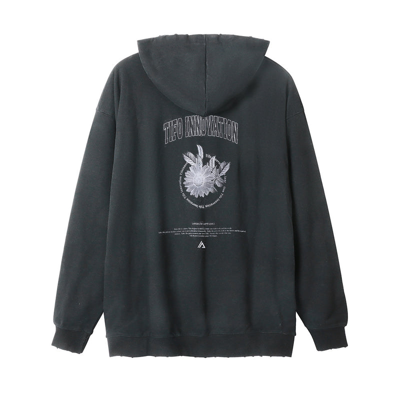 Men Hoodie Washed and Worn Hooded Sweater Men's Loose Plant Flower Print