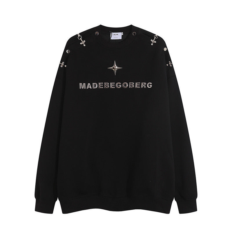 Men Hoodie Men's Spring and Autumn High Street Niche Metal Slit Neckline Long Sleeve