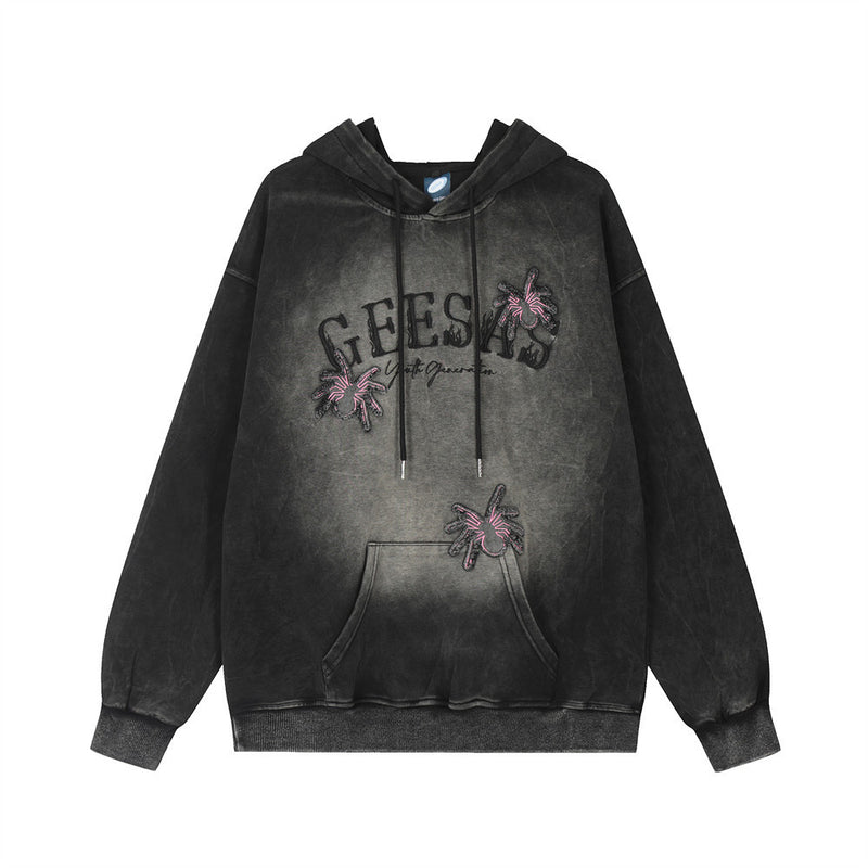 Men Hoodie Spider Letter Embroidered Washed Distressed Hooded Sweater