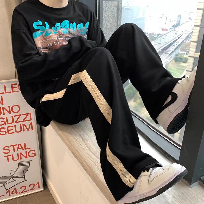 Men Sweatpants Striped Stitching Straight Wide-Leg Pants