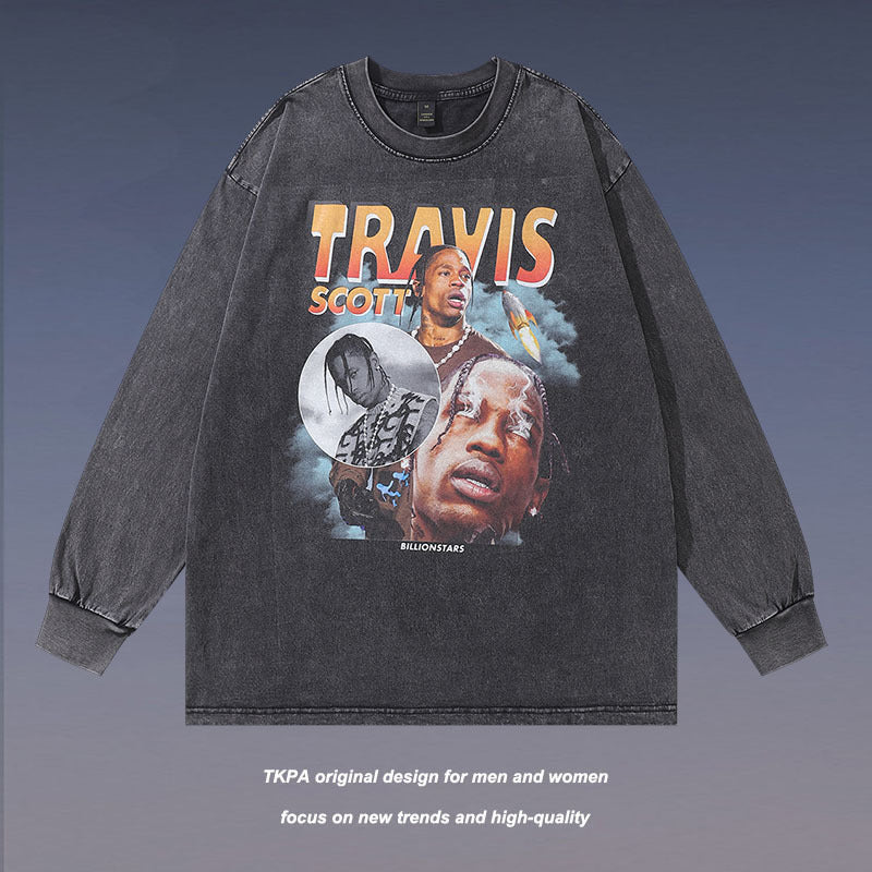 Men Long Sleeve Shirt Vintage Printed Washed and Worn Long Sleeve Bottoming T-shirt for Men and Women