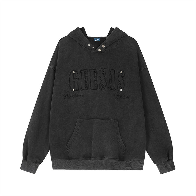 Men Hoodie Washed and Worn Embroidered Letter Hooded Sweater