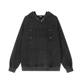 Men Hoodie Washed and Worn Embroidered Letter Hooded Sweater