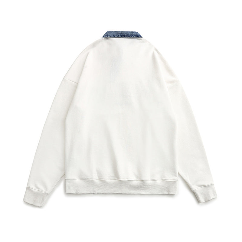 Men Hoodie Denim Hoodie Men's Loose Street Letter Long Sleeve Polo Shirt