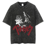 Vintage Black Washed Cotton Tees Shirts Anime Graphic