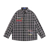 Men Long Sleeved T Shirt Loose Plaid Long Sleeve Shirt Men Casual Embroidery Letter Vintage Shirt