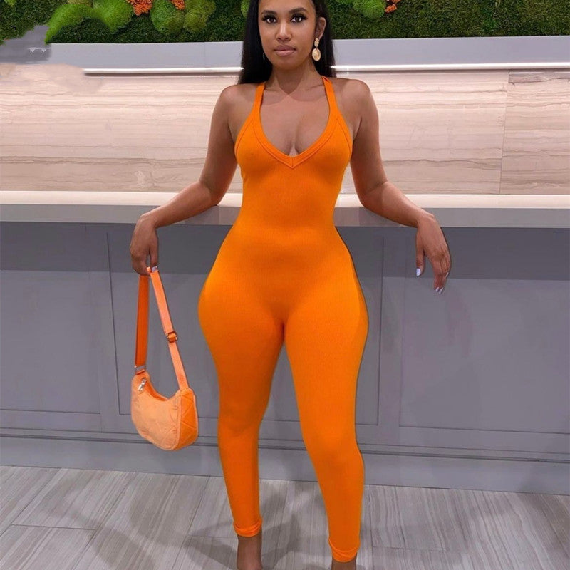 Women Jumpsuit Solid Color Casual Sling Jumpsuit