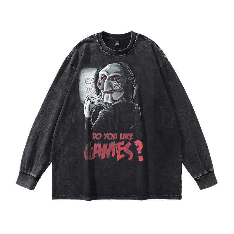 Men Long Sleeve Shirt Printed Washed Long Sleeve Bottoming Tee Hip Hop Retro Style Men and Women