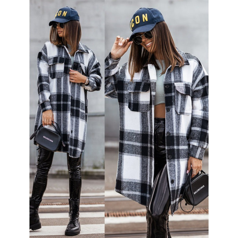 Plaid Trench Coat Fashion Mid-Length Plaid Woolen Printed Coat for Women