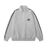 Men Hoodie Zipped Stand Collar Sweater Spring and Autumn Loose Raglan Long Sleeve Striped Stitching Sports Turtleneck Pullover