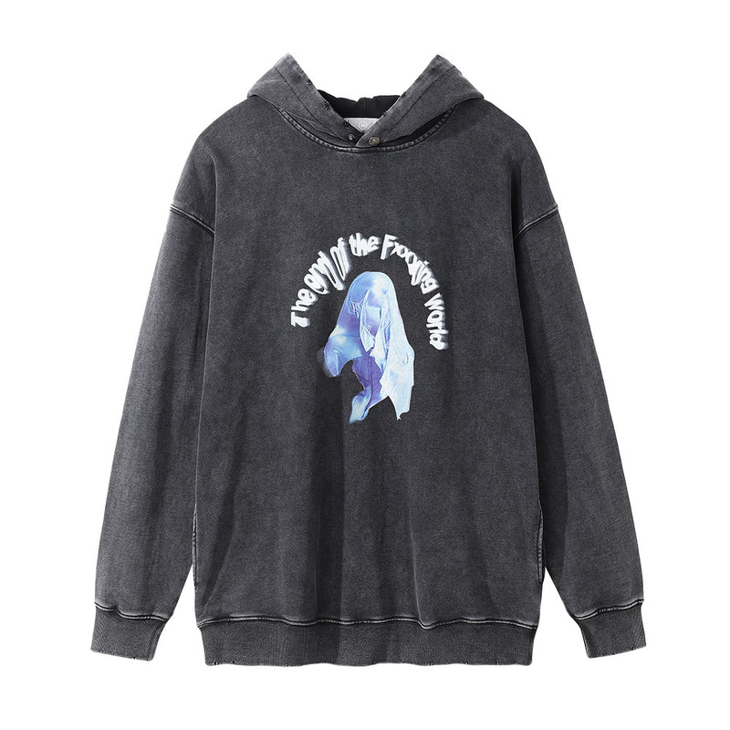 Men Hoodie Distressed Washed Hooded Sweater Autumn and Winter Hooded Top Ins Loose