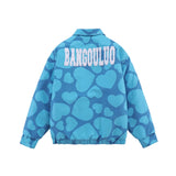 Men Cotton Mixed Jacket Coat Fall/Winter Jacket Men's Full Printed Heart Letter Lapel Zipped Cotton-Padded Jacket