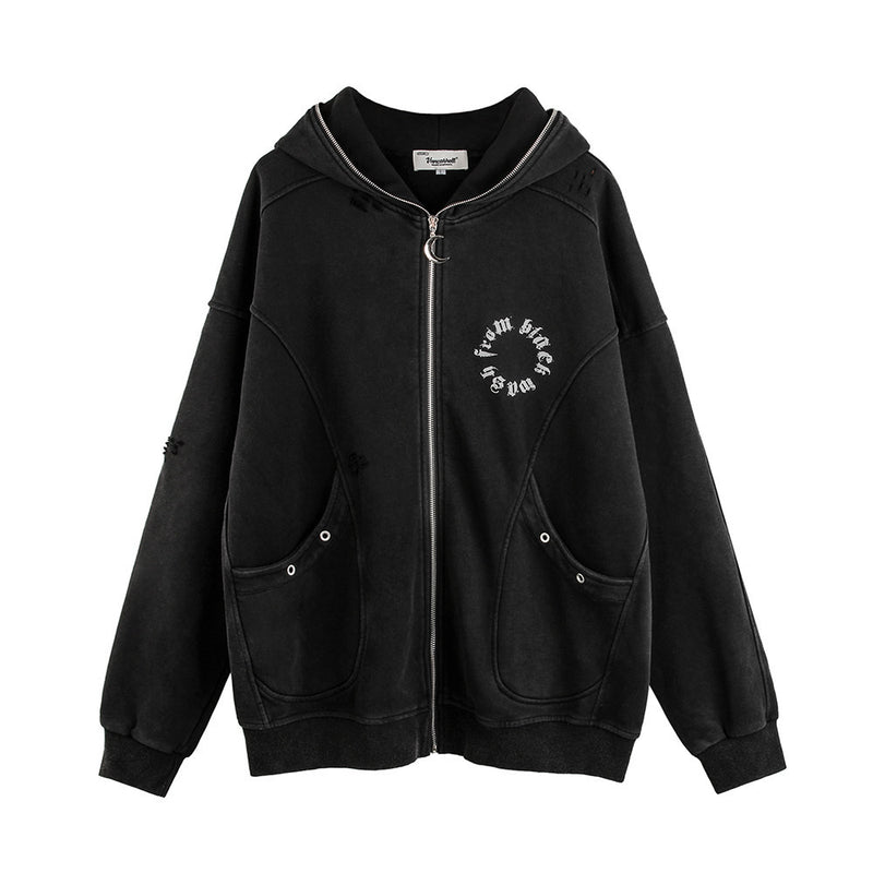 Men Hoodie Masked Zipper Hooded Sweater Men's Worn-out Design Sense Baggy Coat