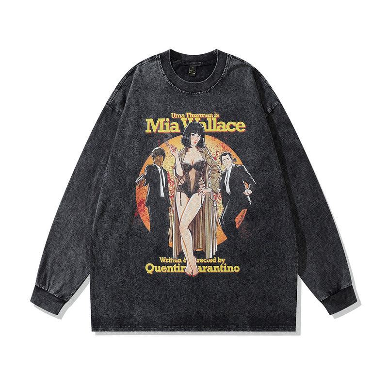 Men Long Sleeve Shirt Printed Washed Sweater Men's Fashion Brand Retro Distressed Long Sleeve