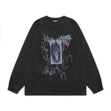 Men Long Sleeve Shirt Heart Graffiti Printed Casual All-Match Washed Long Sleeve T-shirt for Men and Women