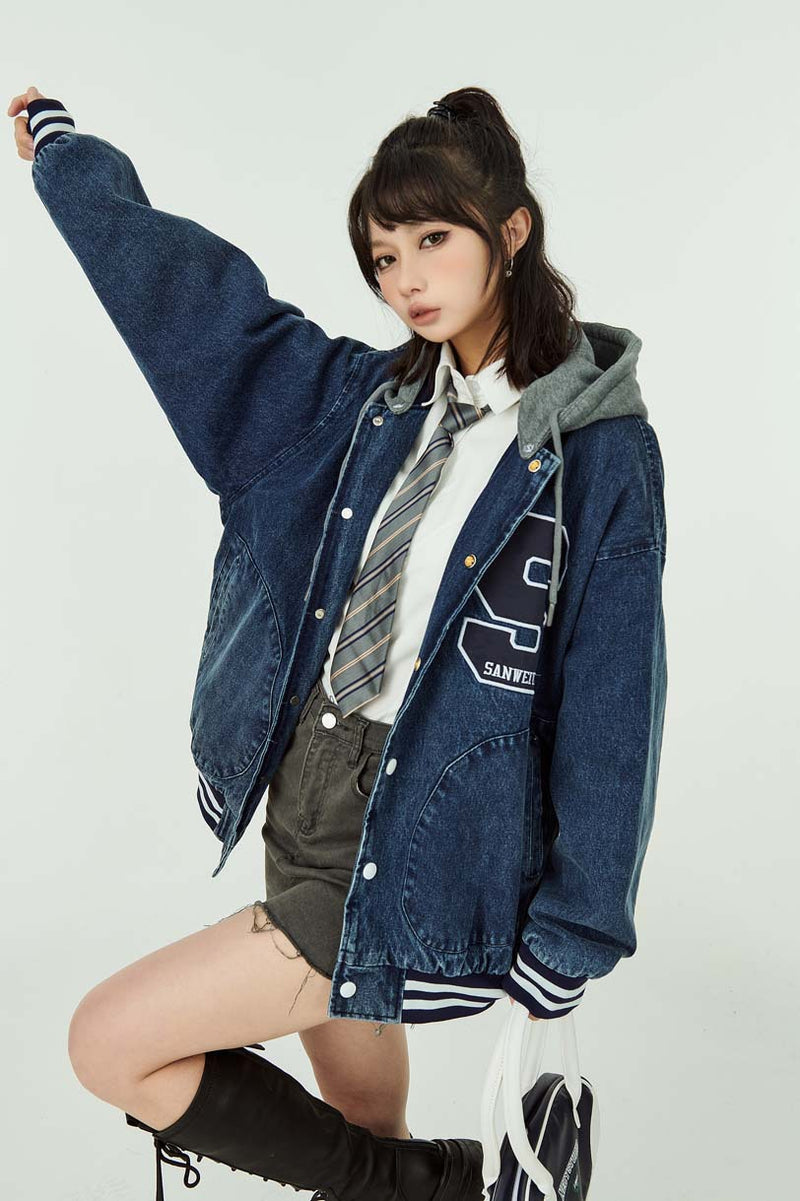 Unisex Jacket Autumn Washed Denim Hooded Jacket Women's Clothing
