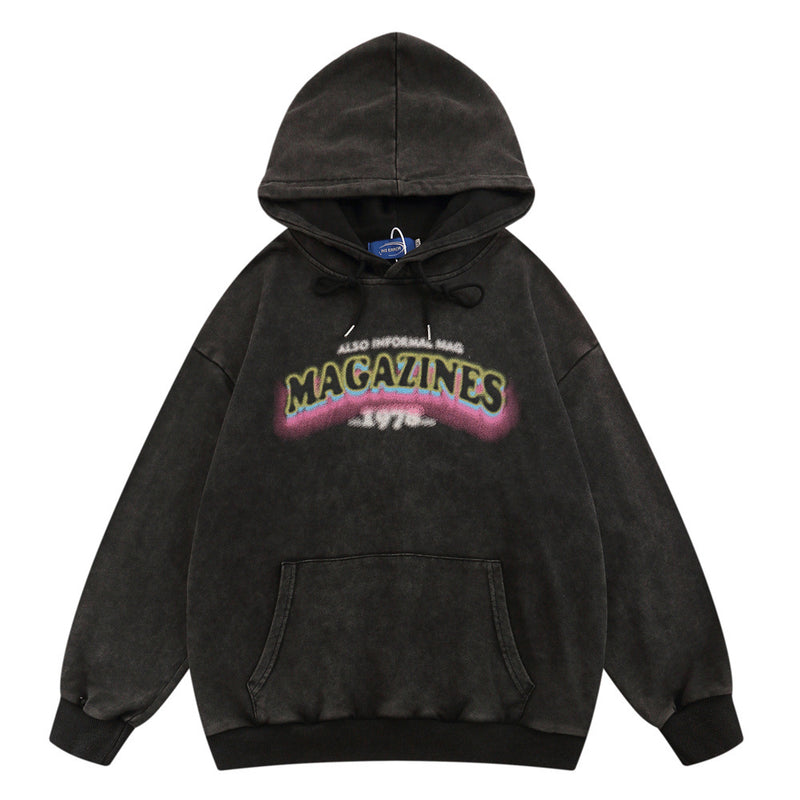 Men Hoodie Letter Printed Washed Distressed Hooded Sweater Men's Casual