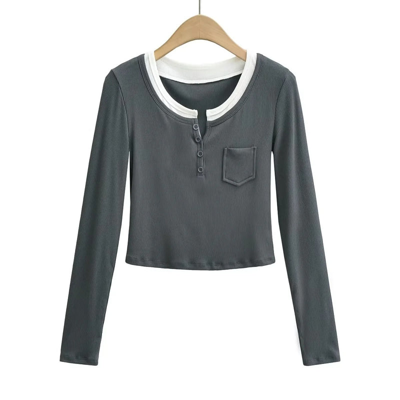 Women T-shirt Short Bottoming Shirt Women's Clothing T-shirt in Contrast Color
