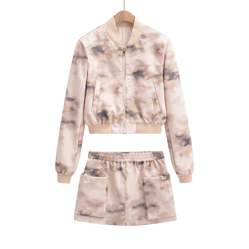 Women Skirt Fall Women's Clothing Printed Jacket Coat Mid-Length Dress Set
