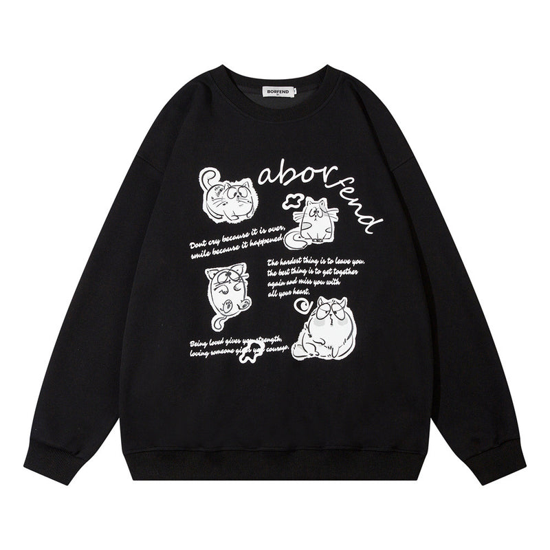 Men Hoodie Cartoon Kitten Printed Crew Neck Sweatshirt Boys