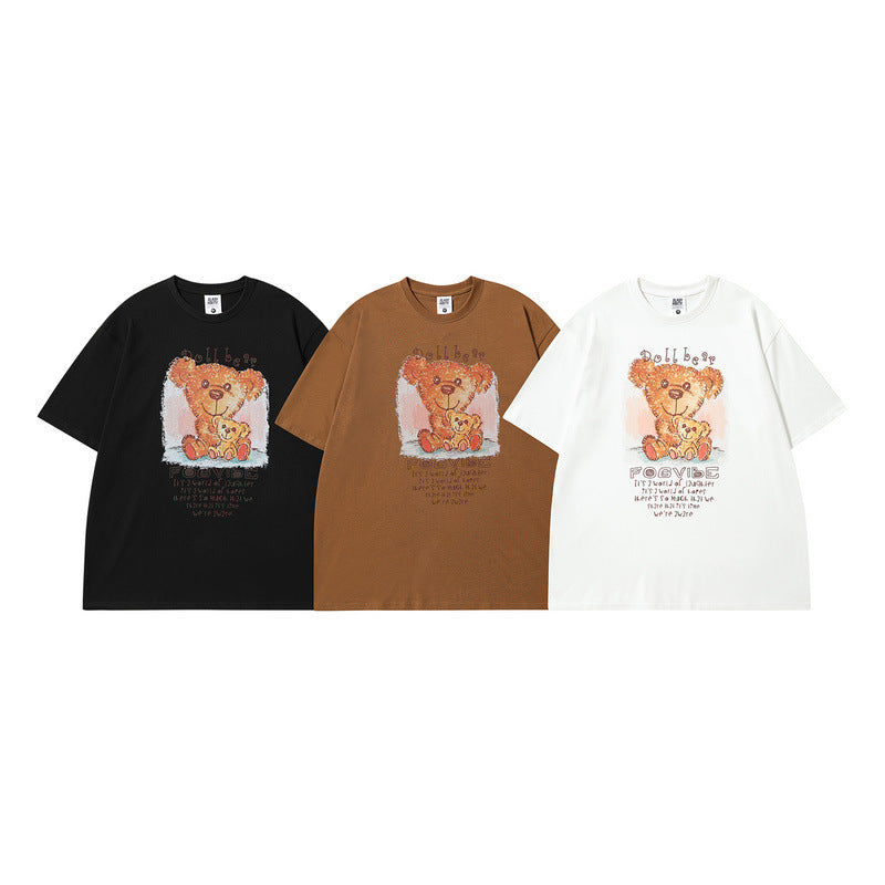 Men T Shirt Bear Printed Cotton Short-Sleeved T-shirt Baby Boy and Girl Summer Loose