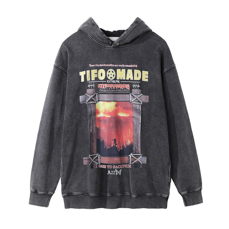 Men Hoodie Printed Hooded Pullover Men's Loose Worn Washed Old