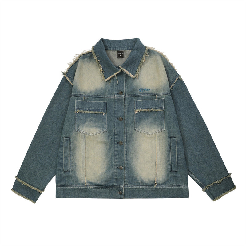 Men Denim Jacket Men's Personality Cat Raw-Cut Edges Stitching Loose Jacket